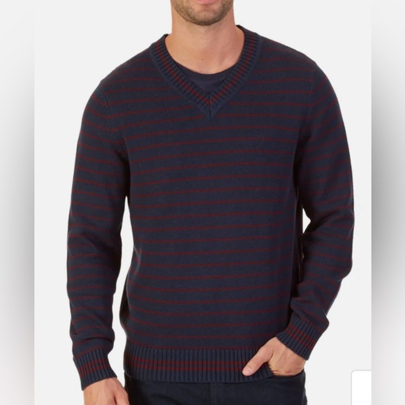 Nautica Navy Stripe V-Neck Pullover Sweater Thick 100% Cotton Long Sleeve Large - Picture 2 of 13